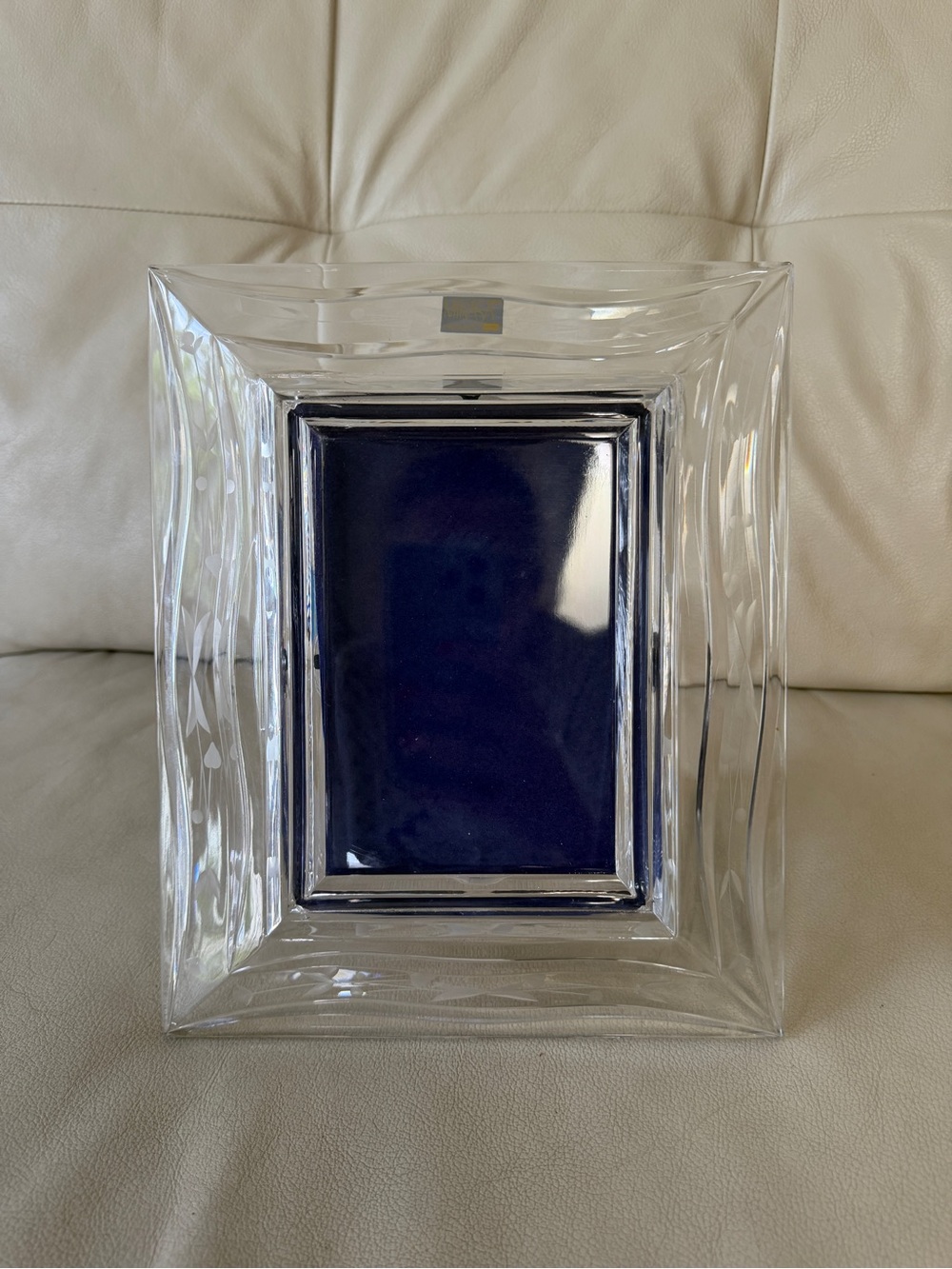 Vintage Mikasa Yugoslavia Lead Crystal Picture Frame Wavy Ridge Blue Velvet